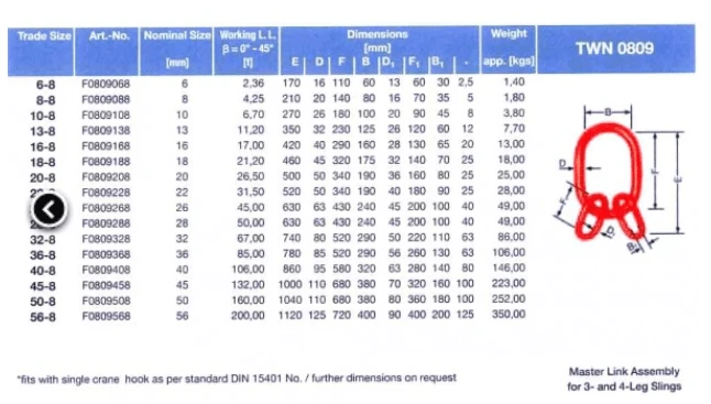 Multi Ring - Thiele TWN0809 GK8 16mm 3-4Leg specifications chart for EN1677 standards.
