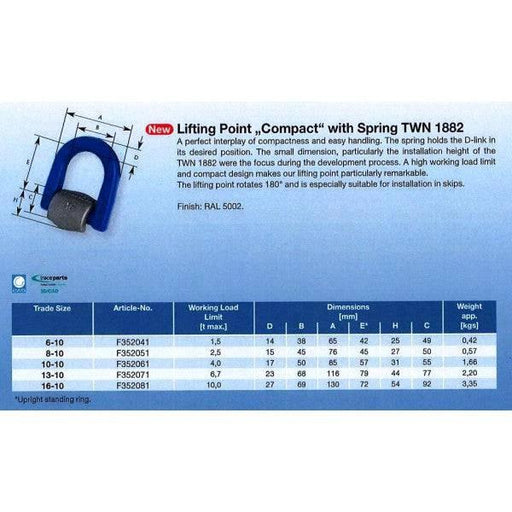 Thiele G100 Lifting Eye C/W Centre Saddle specifications and lifting capacities for various sizes.