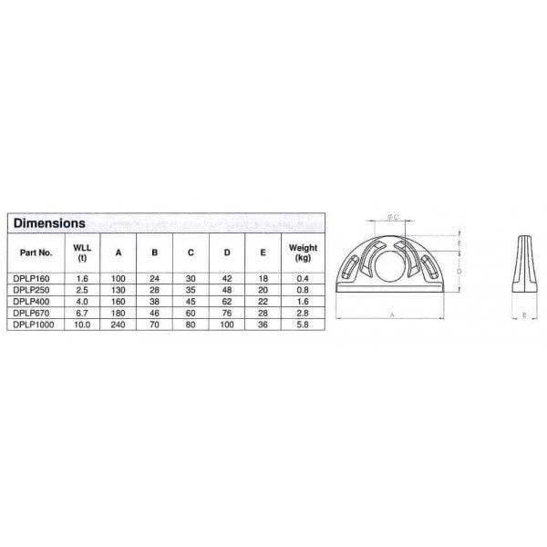 Townley Lifting Deck Plate - Weld On dimensions chart with specifications and weight details.
