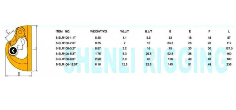 Bucket Hook - SLR G80 Weld-On 8T specifications table with weight and dimensions