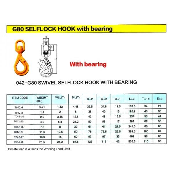 HES NZ Ltd Safety Hook Swivel Bearing Eye Safety Hook-SLR G80 13mm5.3T
