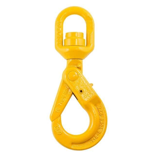 Swivel Bearing Eye Safety Hook-SLRG80 22mm15.0T in yellow color, designed for heavy lifting and safety compliance.