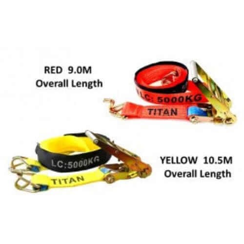 Tiedown - 5T Titan Rat HK/KPR Yellow 10m - In Store with red and yellow ratchet straps displayed.