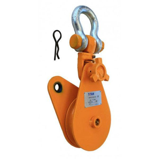 Snatch Block - TiTan Rigger with swivel eye and safety shackle, designed for heavy lifting and pulley applications.