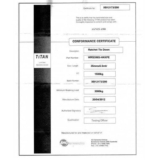 Tiedown - 1.5T Titan 6.5m HK/KPR c/w Sleeves - In Store Certificate with specifications and compliance details.