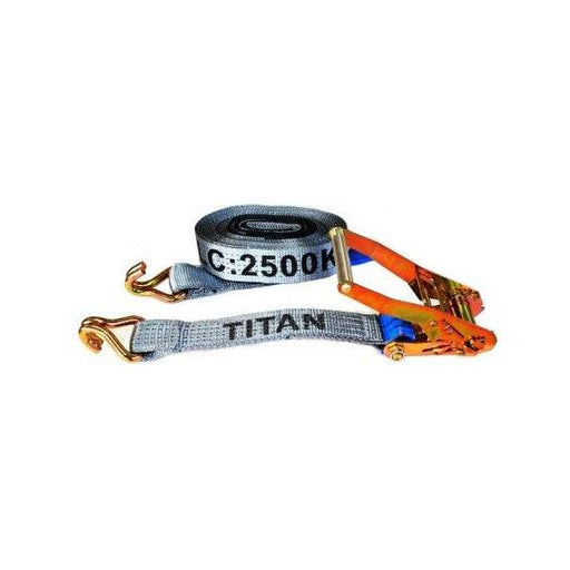 Tiedown - 2.5T Titan Grey 8.5m J-Hk c/w Sleeves showing ratchet and hooks.