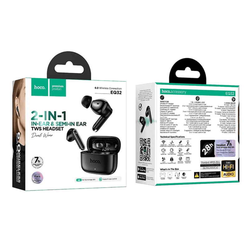 techplus TWS Wireless Earbuds – 2-in-1 Hybrid Fit, Bluetooth 6.0 and HOCO App Control (EQ32) - Black TWS Wireless Earbuds – 2-in-1 Hybrid Fit, Bluetooth 6.0 and HOCO App Control (EQ32) - Black