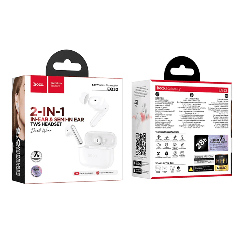 techplus TWS Wireless Earbuds – 2-in-1 Hybrid Fit, Bluetooth 6.0 and HOCO App Control (EQ32) - White TWS Wireless Earbuds – 2-in-1 Hybrid Fit, Bluetooth 6.0 and HOCO App Control (EQ32) - White
