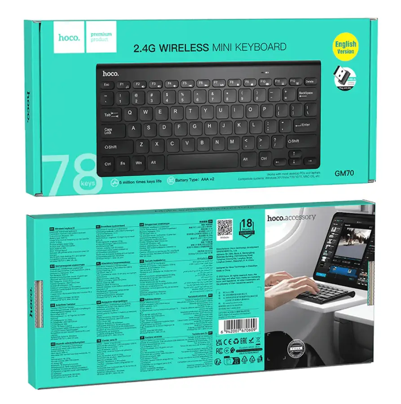 Wireless Mini Keyboard With USB Nano Receiver (GM70) by techplus