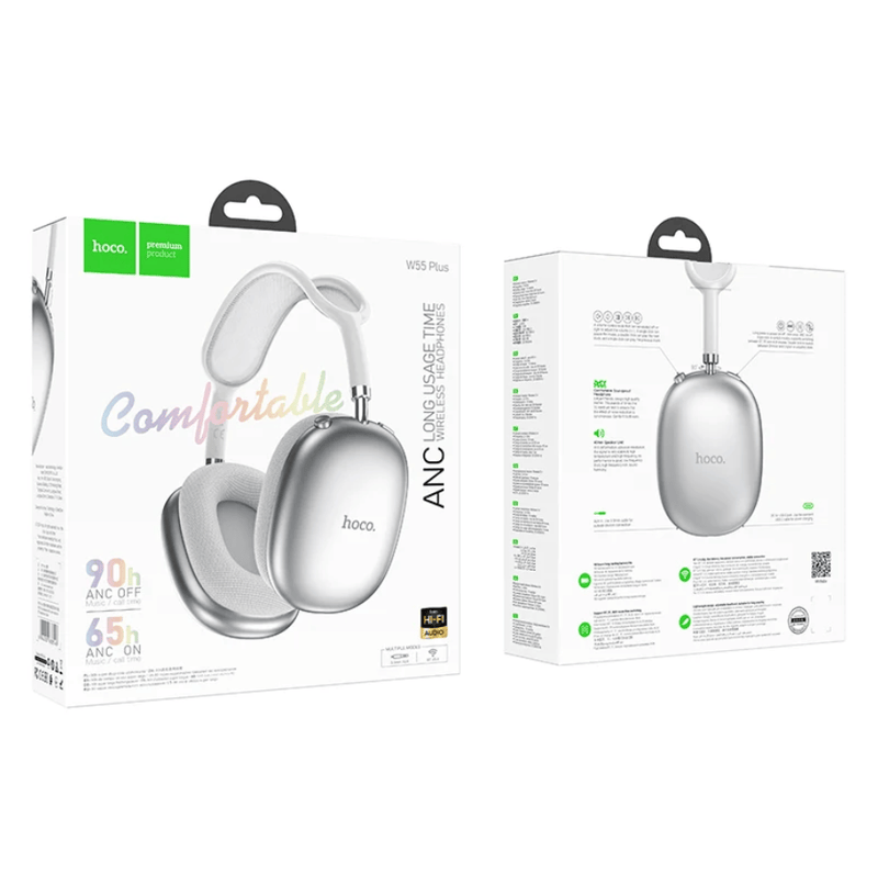 techplus Premium Bluetooth Headphones with ANC | 90-Hour Battery and AUX Connectivity (W55 PLUS) - Silver Premium Bluetooth Headphones with ANC | 90-Hour Battery and AUX Connectivity (W55 PLUS) - Silver