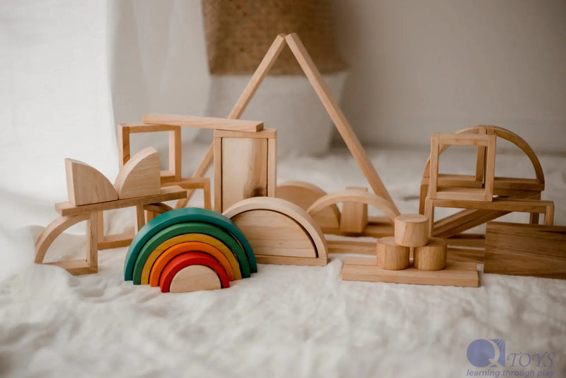 Hollow Wooden Blocks and Rainbow 40 pc Set - QToys | Wooden Toy NZ by Curious Moonbeam
