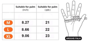 Size chart for Hugo Silva Heavy Tackle Gloves Large to XX Large, showing measurements for M, L, and XL sizes.