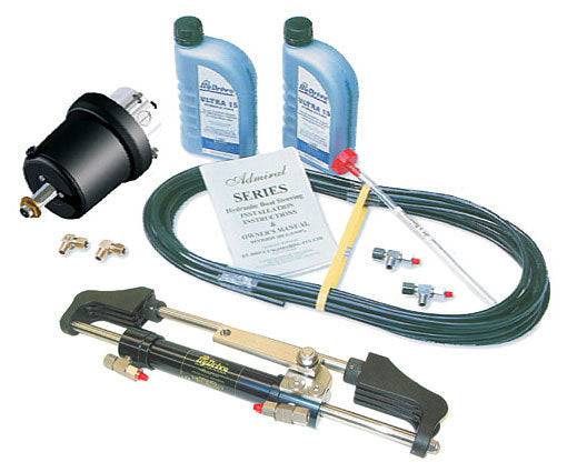 Hydrive Hydraulic Steering Kit components including helm, oil bottles, hoses, and manual for effective steering performance.