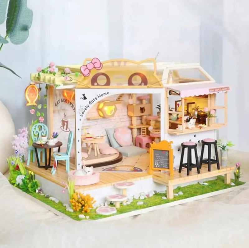Poppy Gifts Gift DIY Cat Café Miniature Wooden Dollhouse Kit For Creative Play DIY Cat Café Miniature Dollhouse Kit for Creative Play