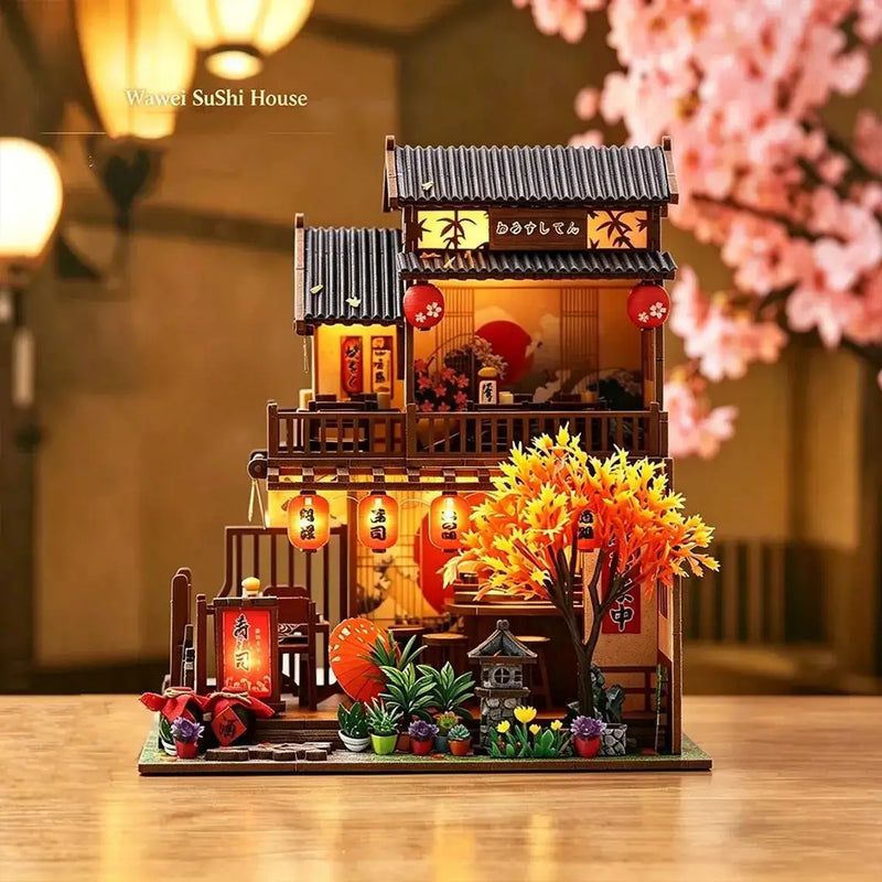 Poppy Gifts Gift DIY Japanese Sushi House Miniature Dollhouse Kit With Lanterns DIY Japanese Sushi House Miniature Dollhouse Kit