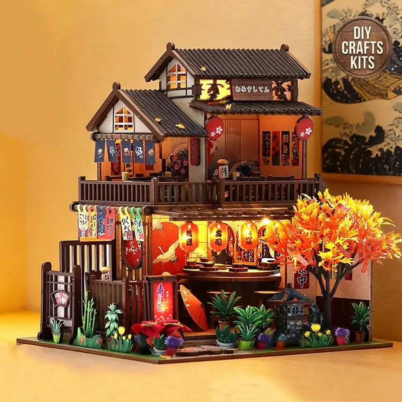 Poppy Gifts Gift DIY Japanese Sushi House Miniature Dollhouse Kit With Lanterns DIY Japanese Sushi House Miniature Dollhouse Kit