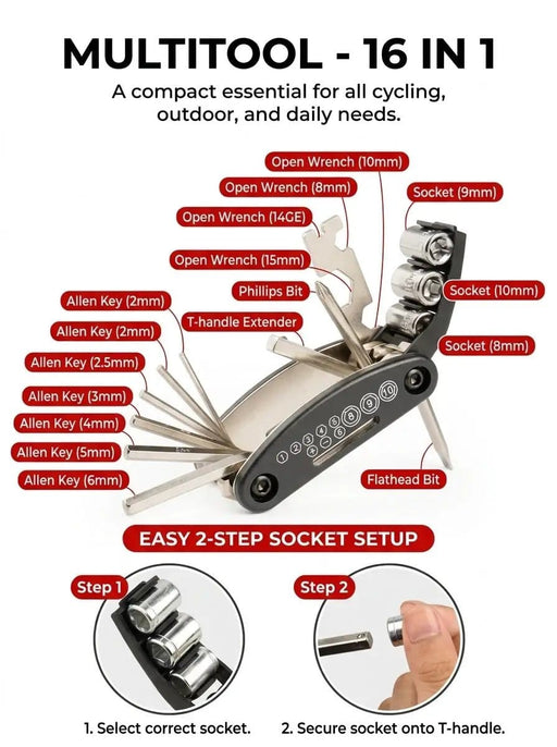 ECOTREK Bicycle Repair Kits ECOTREK 16 in 1 Compact Bike Multi Tool and Puncture Repair Kit ECOTREK 16 In 1 Bike Multi Tool And Puncture Kit
