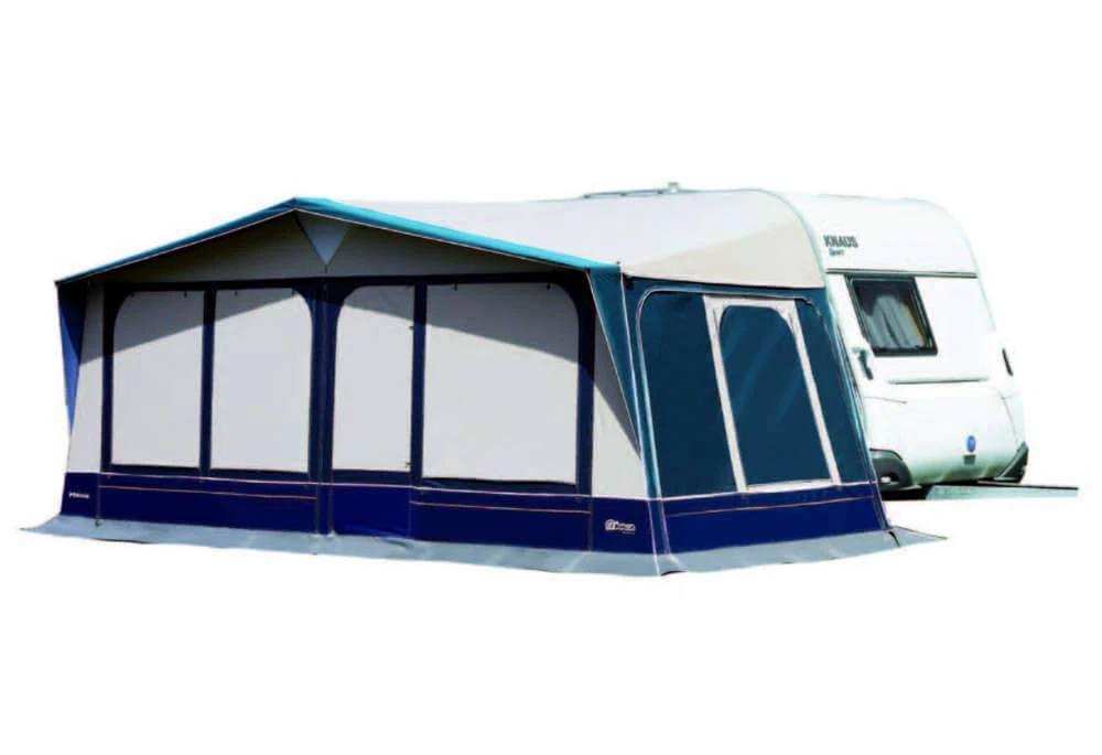 Inaca Mirage 250 Pole Awning Complete - 925cm installed next to a caravan, showcasing its durable design and window features.
