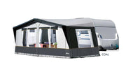 Inaca Sands 250 Coal Awning Complete - 10.75m attached to a caravan, featuring durable materials and stylish design.
