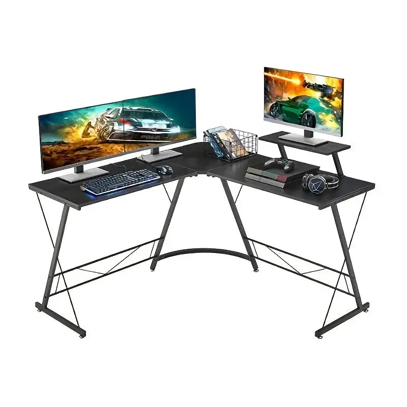 Industrial L-Shaped Corner Desk – Black Metal Frame with Monitor Stand (2 colours available) by Habicare
