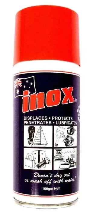 Inox 100 G Aerosol can for anti-corrosion and moisture protection of fishing reels and boat motors.