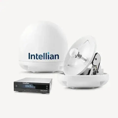 Intellian I3 Linear System W/37cm Dish including antenna dome and satellite TV controller.