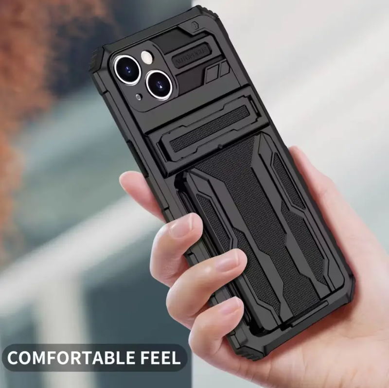 iPhone 15 Heavy Duty Shockproof Case With Card Holder & Kickstand (Black) by techplus