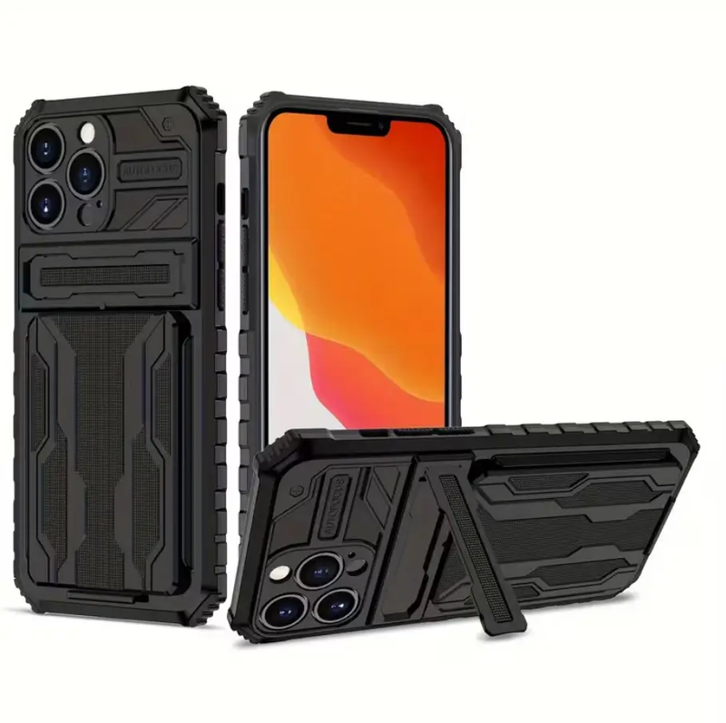 iPhone 15 Pro Max Heavy Duty Shockproof case With Card Holder & Kickstand (Black) by techplus