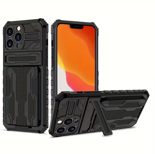 iPhone 15 Pro Max Heavy Duty Shockproof case With Card Holder & Kickstand (Black) by techplus