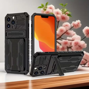 iPhone 15 Pro Heavy Duty Shockproof Case With Card Holder & Kickstand (Black) by techplus