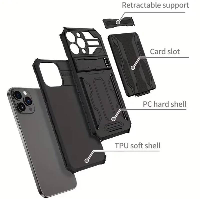 iPhone 15 Pro Max Heavy Duty Shockproof case With Card Holder & Kickstand (Black) by techplus
