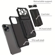 iPhone 15 Pro Heavy Duty Shockproof Case With Card Holder & Kickstand (Black) by techplus