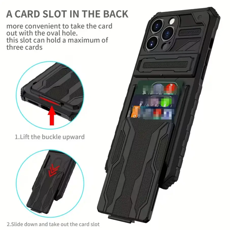 iPhone 15 Pro Max Heavy Duty Shockproof case With Card Holder & Kickstand (Black) by techplus