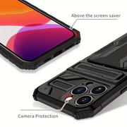 iPhone 15 Pro Max Heavy Duty Shockproof case With Card Holder & Kickstand (Black) by techplus