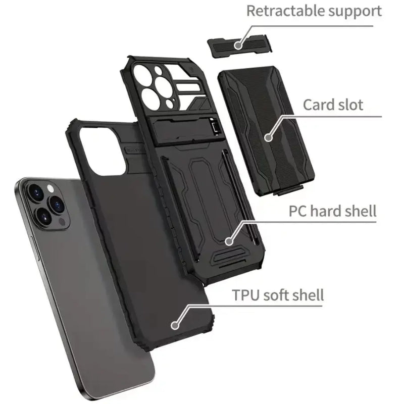 techplus Mobile Phone Case iPhone 15 Pro Heavy Duty Shockproof Case With Card Holder & Kickstand (Black) iPhone 15 Pro Heavy Duty Shockproof Case With Card Holder & Kickstand (Black)