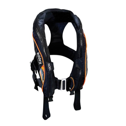 Kappa Inflatable Lifejacket Auto 180N shown in black with orange accents, designed for superior ergonomics and safety.