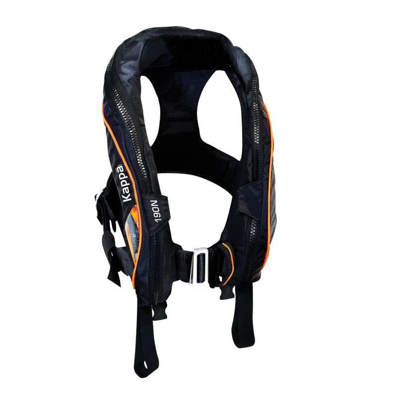 Kappa Inflatable Lifejacket Auto 180N shown in black with orange accents, designed for superior ergonomics and safety.