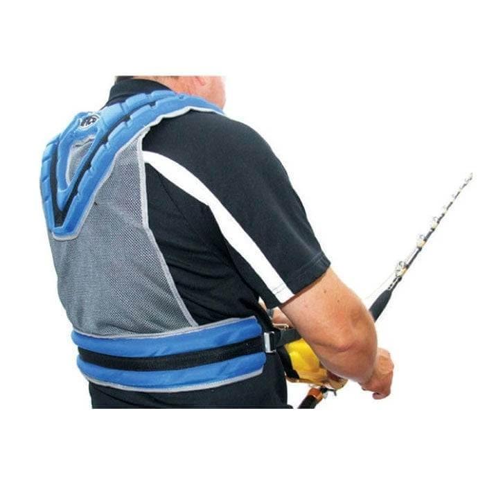 AFTCO Harness Maxforce II Shoulder on angler, designed for lightweight tackle up to 50-lb test line.