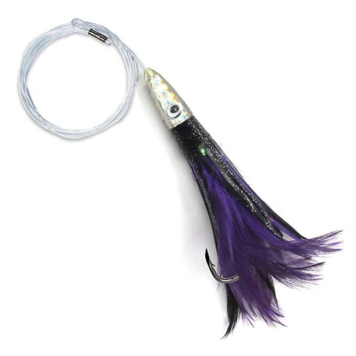 Pacific Tuna Tickler - Black/Purple - Rigged tuna lure with resin head and feather details, perfect for catching tuna.