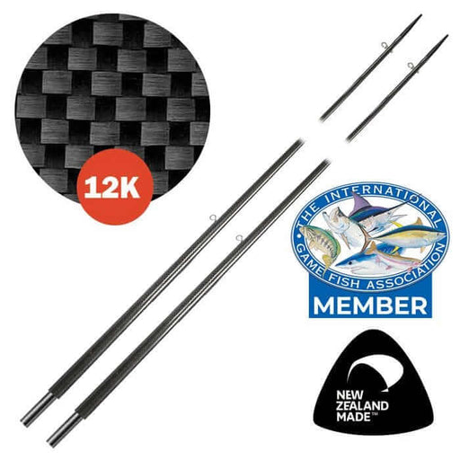 Kilwell NZ Outriggers 6.8m Stiff SL 3K Drop-In(pr) featuring 12K carbon fibre and game fish association emblem.