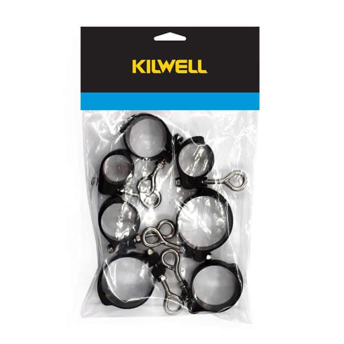 Kilwell Outrigger Collar Set KOCSET packaged with different sized collars and stainless steel eyebolts.