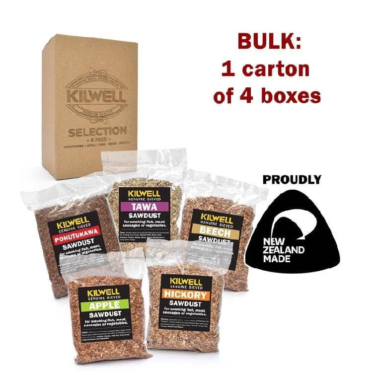 Kilwell NZ Selector Sawdust 500ml 5pk Bulk (4) with 5 flavours in individual packs and carton showing New Zealand made.