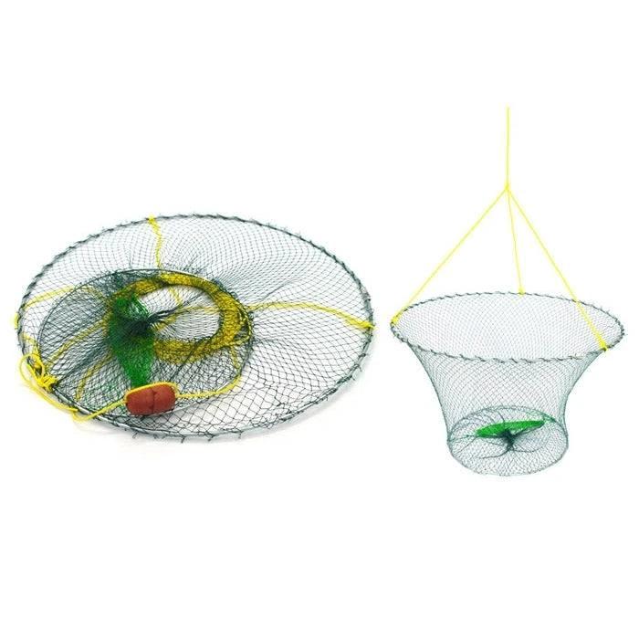 Crab Koura Net Trap 2-Ring with Rope shown from different angles, featuring knotless net and colorful float.