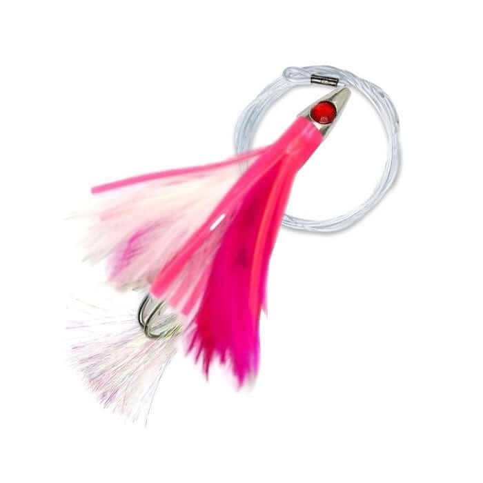 Pacific Teaser - Pink/White - Rigged metal head tuna lure with double hook and monofilament trace.