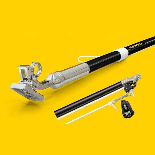 Kilwell NZ Outriggers 3.6m Stiff BLK pair with ORB1 bolt-on base shown against yellow background.