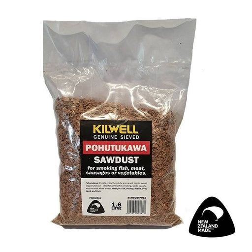 Kilwell NZ Pohutukawa Sawdust 1.6L in a clear bag, ideal for smoking fish, meat, and vegetables, made in New Zealand.