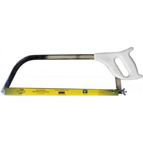 Lasher Butchers Saw with Plastic Handle 450mm displayed on a white background, showcasing its durable design and stainless steel blade.