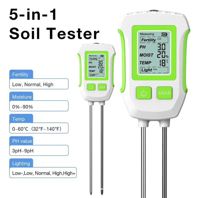 LCD 3/5-in-1 Handheld Soil Tester for pH, Moisture & Light (different colours & sets available) by Habicare