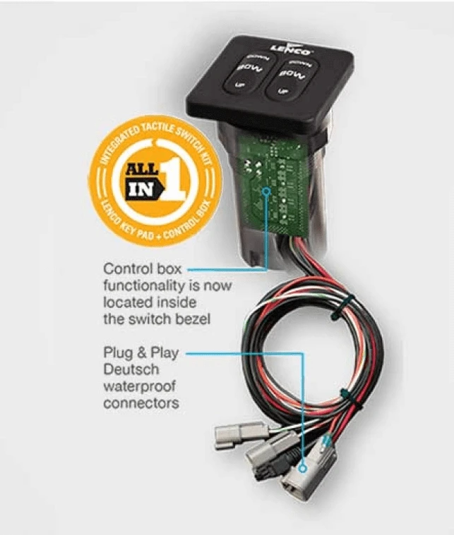 Lenco 12" X 12" Short Ram Trim Tab Kit LED control box and switch bezel with wiring connectors.