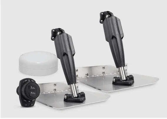 Lenco Pro Control Auto system components, including trim tabs and control unit, for precise auto-levelling in boating.